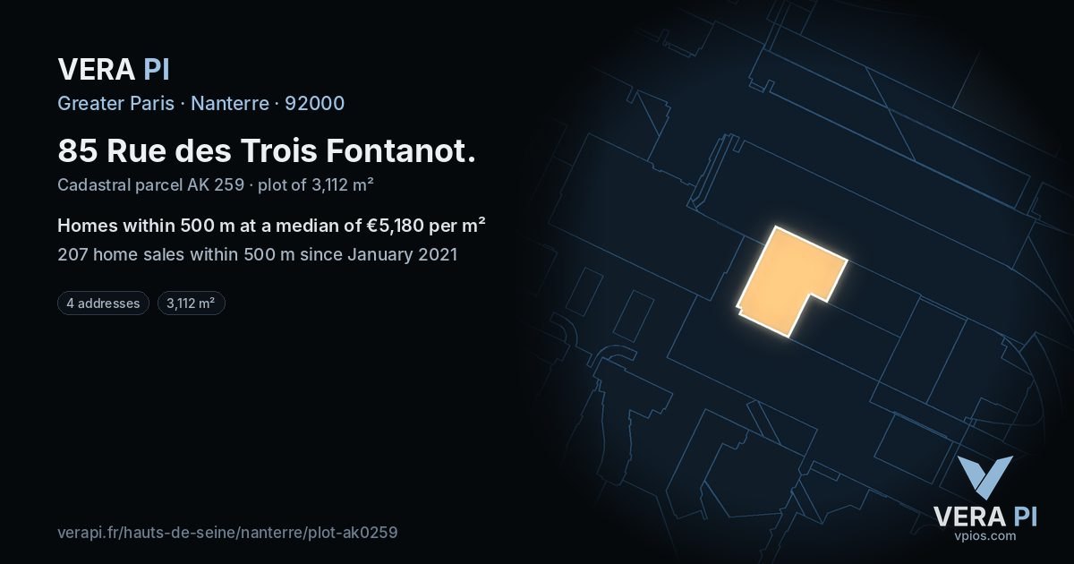 85 Rue des Trois Fontanot, Nanterre at night – the plot lit, the parcels around coloured by the prices near them
