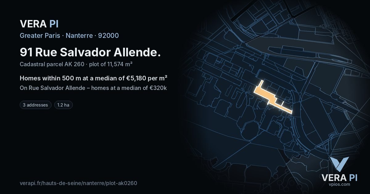 91 Rue Salvador Allende, Nanterre at night – the plot lit, the parcels around coloured by the prices near them