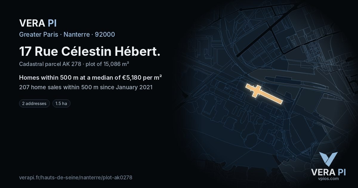 17 Rue Célestin Hébert, Nanterre at night – the plot lit, the parcels around coloured by the prices near them