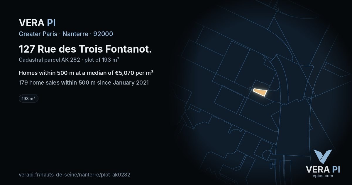 127 Rue des Trois Fontanot, Nanterre at night – the plot lit, the parcels around coloured by the prices near them