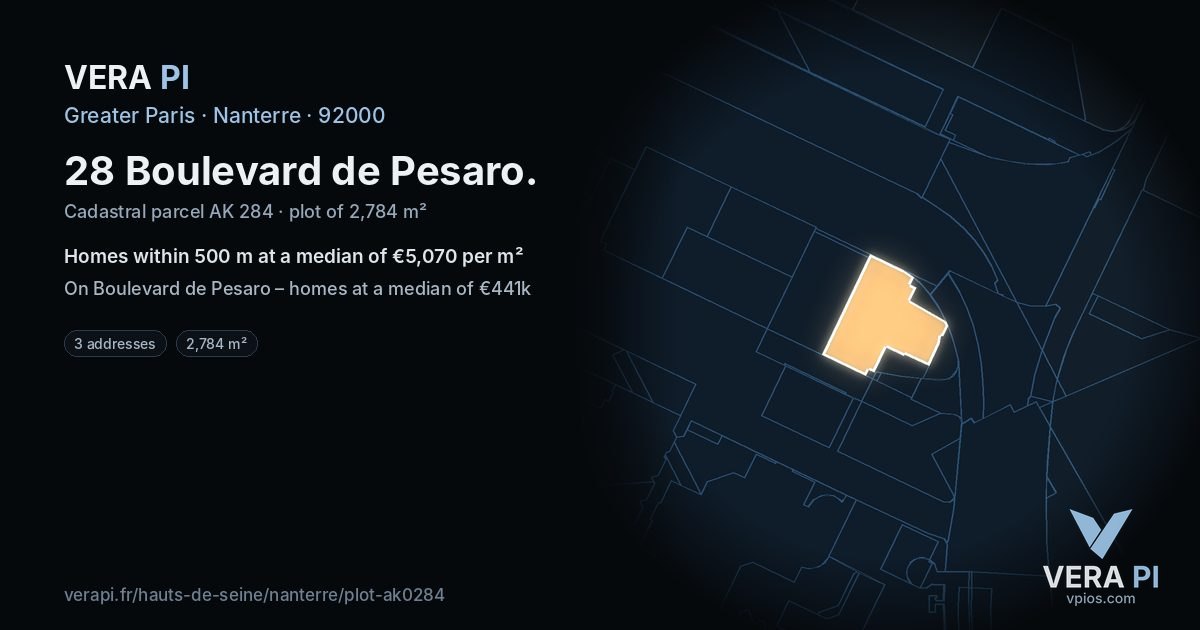 28 Boulevard de Pesaro, Nanterre at night – the plot lit, the parcels around coloured by the prices near them