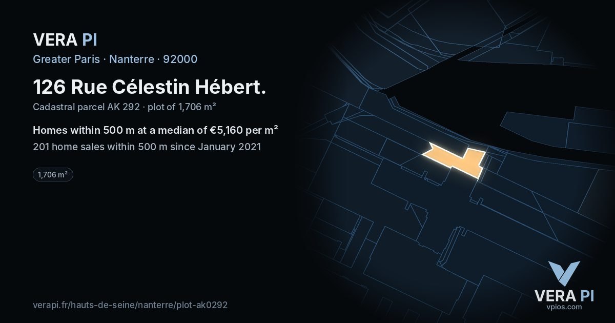 126 Rue Célestin Hébert, Nanterre at night – the plot lit, the parcels around coloured by the prices near them