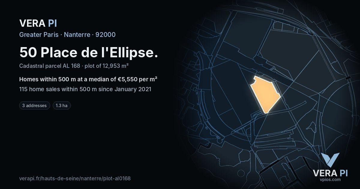 50 Place de l'Ellipse, Nanterre at night – the plot lit, the parcels around coloured by the prices near them