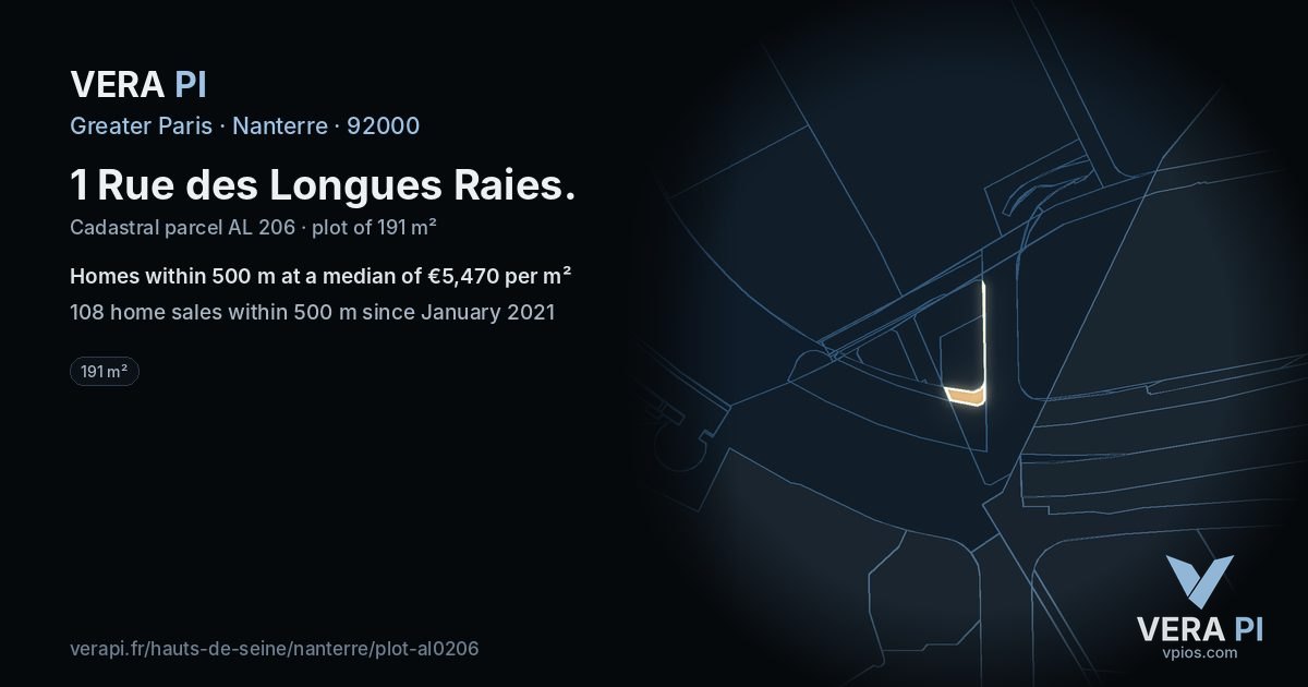 1 Rue des Longues Raies, Nanterre at night – the plot lit, the parcels around coloured by the prices near them