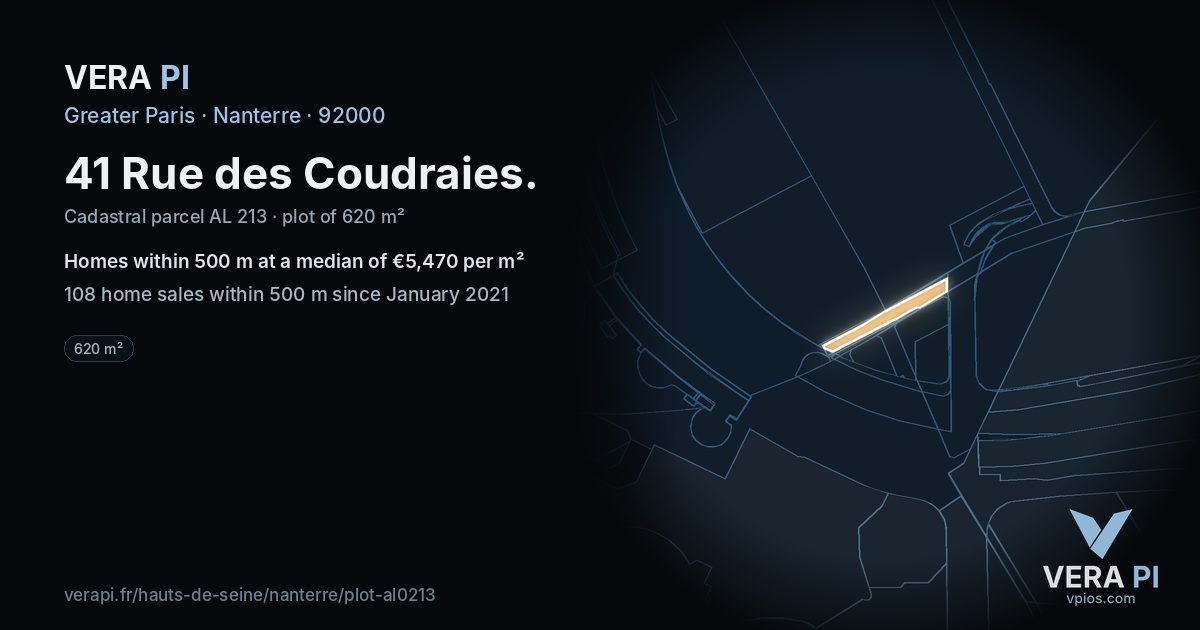41 Rue des Coudraies, Nanterre at night – the plot lit, the parcels around coloured by the prices near them