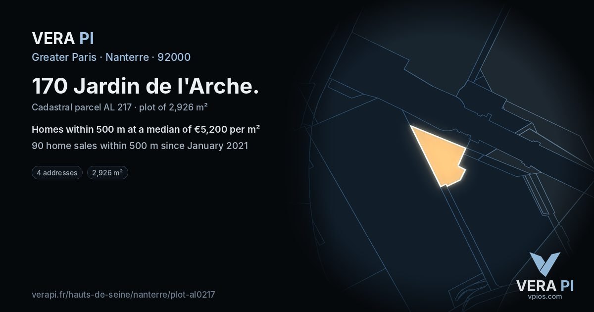 170 Jardin de l'Arche, Nanterre at night – the plot lit, the parcels around coloured by the prices near them