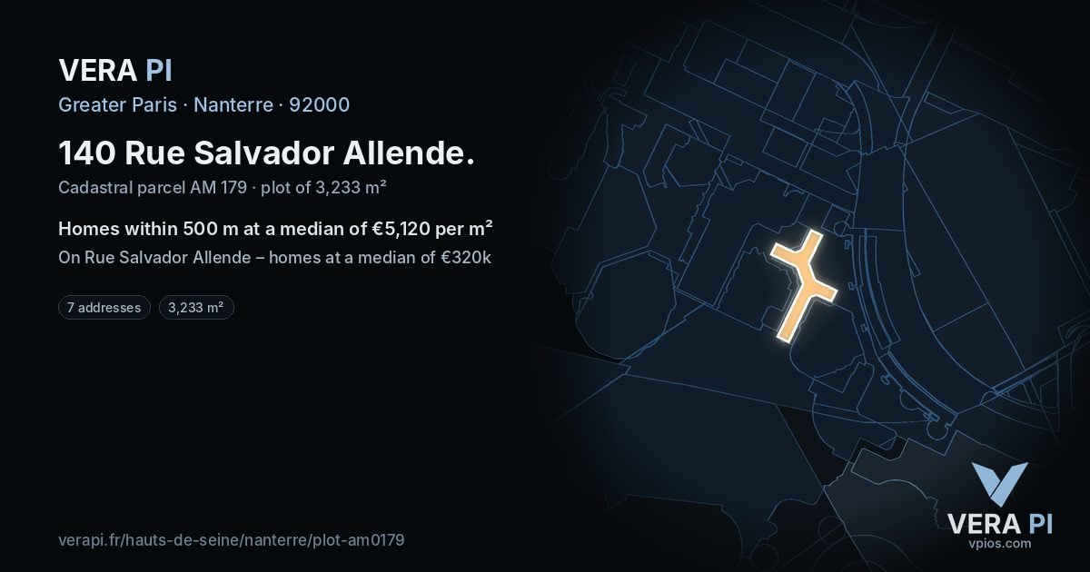 140 Rue Salvador Allende, Nanterre at night – the plot lit, the parcels around coloured by the prices near them