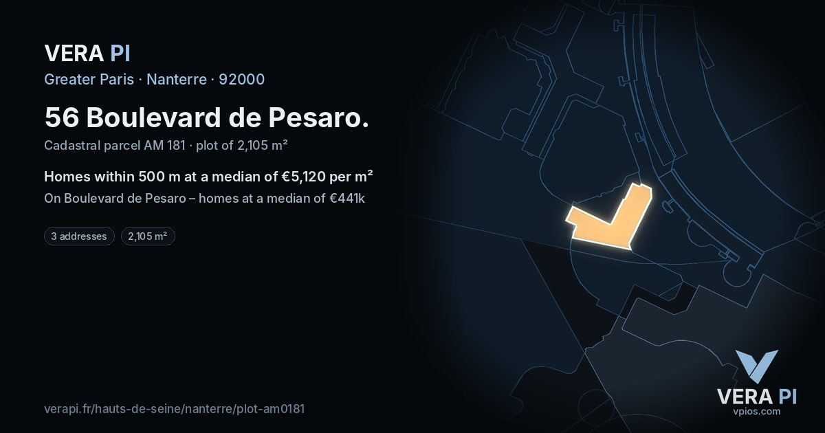 56 Boulevard de Pesaro, Nanterre at night – the plot lit, the parcels around coloured by the prices near them