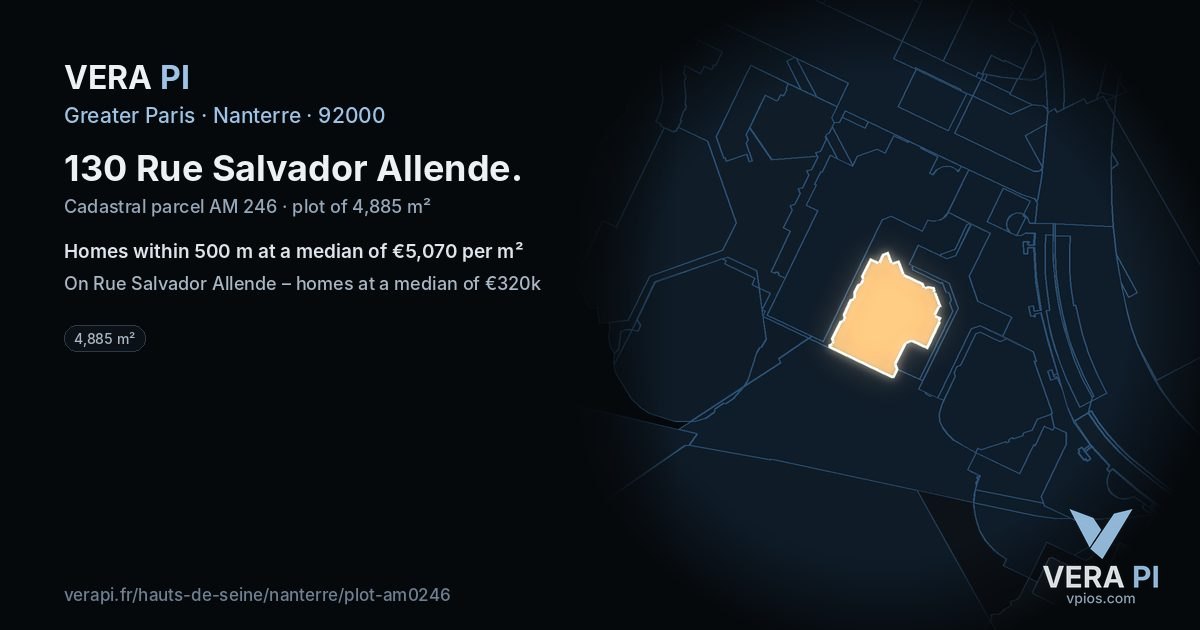 130 Rue Salvador Allende, Nanterre at night – the plot lit, the parcels around coloured by the prices near them