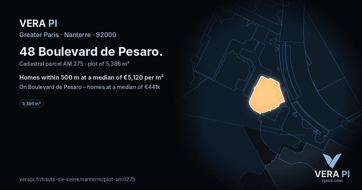 48 Boulevard de Pesaro, Nanterre at night – the plot lit, the parcels around coloured by the prices near them