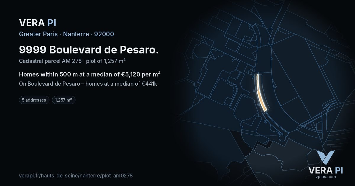 9999 Boulevard de Pesaro, Nanterre at night – the plot lit, the parcels around coloured by the prices near them