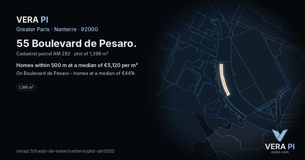 55 Boulevard de Pesaro, Nanterre at night – the plot lit, the parcels around coloured by the prices near them