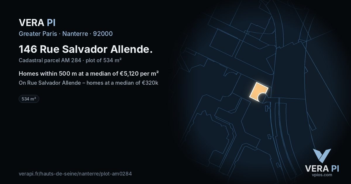146 Rue Salvador Allende, Nanterre at night – the plot lit, the parcels around coloured by the prices near them