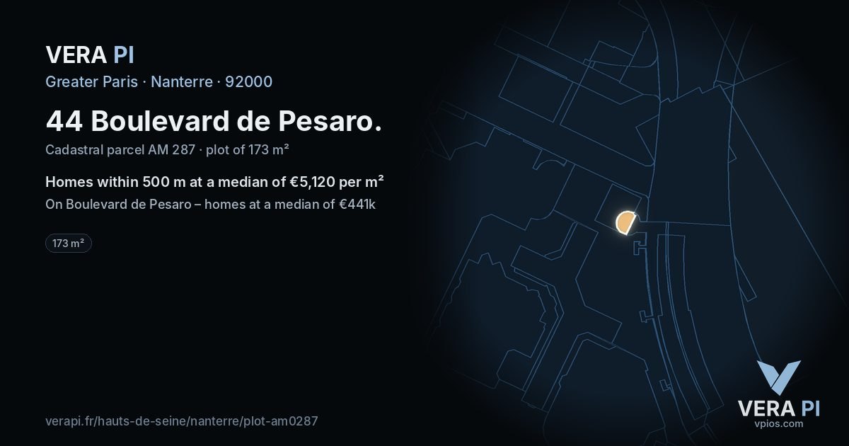 44 Boulevard de Pesaro, Nanterre at night – the plot lit, the parcels around coloured by the prices near them
