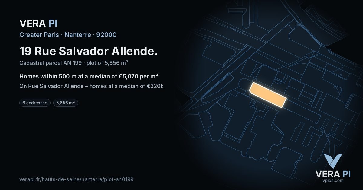 19 Rue Salvador Allende, Nanterre at night – the plot lit, the parcels around coloured by the prices near them