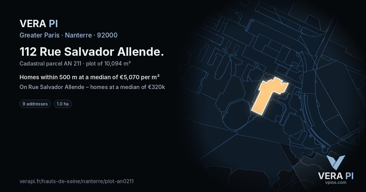 112 Rue Salvador Allende, Nanterre at night – the plot lit, the parcels around coloured by the prices near them