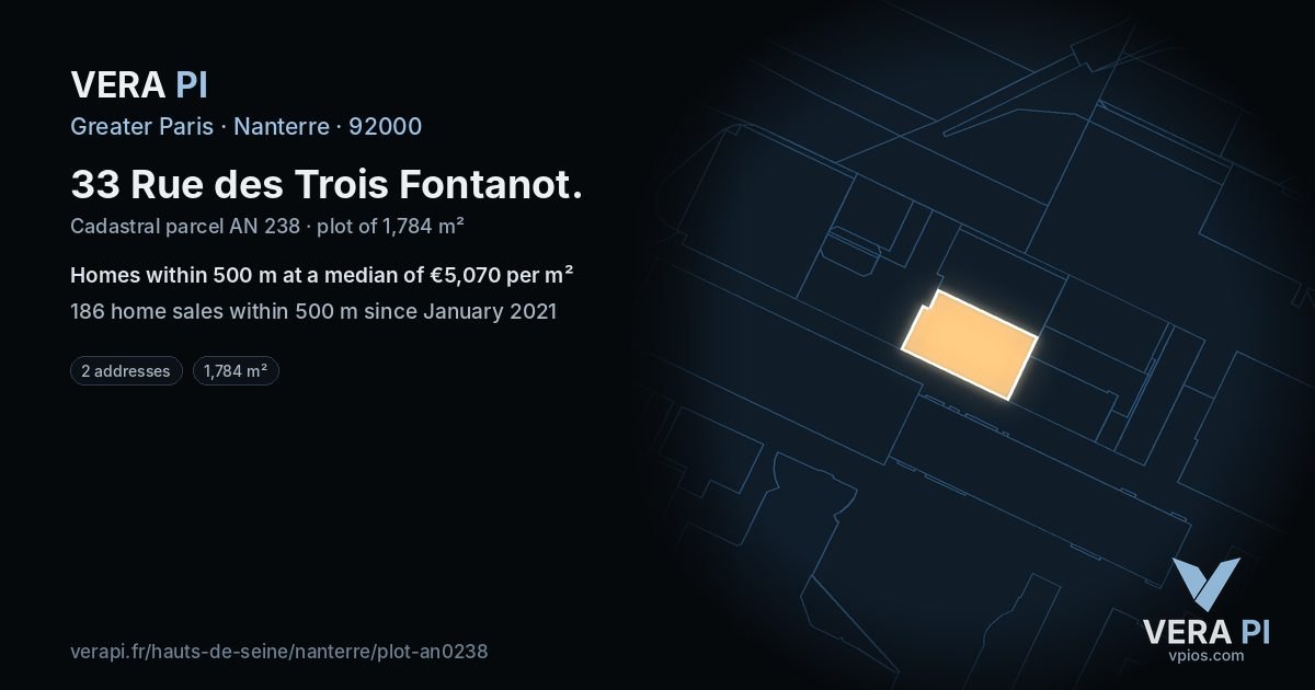 33 Rue des Trois Fontanot, Nanterre at night – the plot lit, the parcels around coloured by the prices near them
