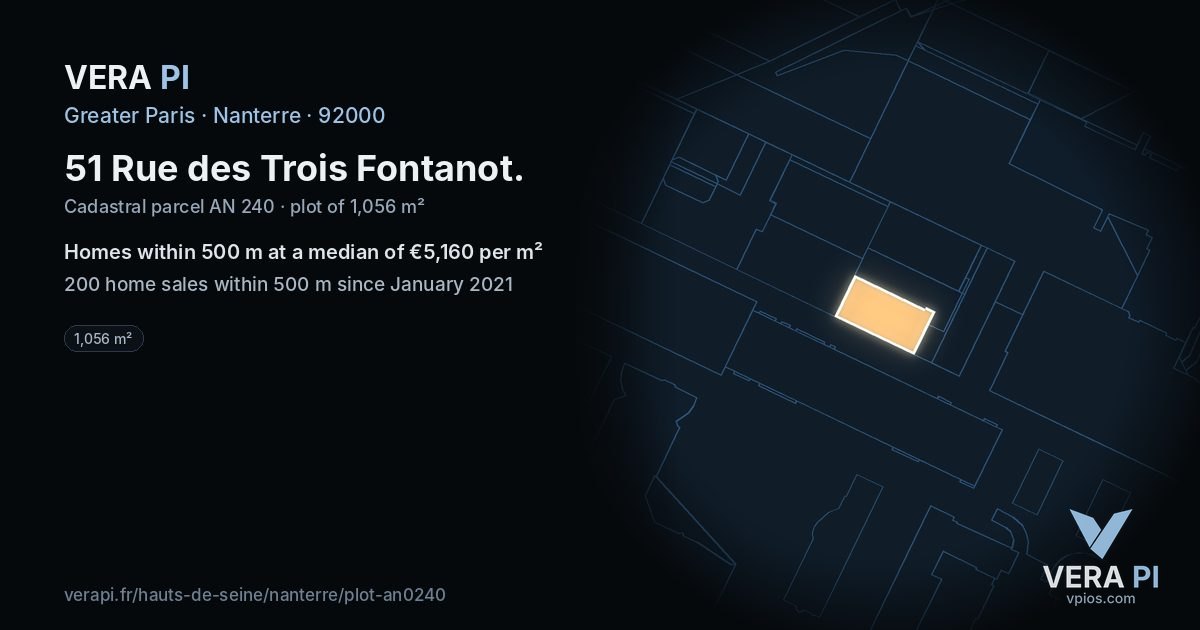 51 Rue des Trois Fontanot, Nanterre at night – the plot lit, the parcels around coloured by the prices near them