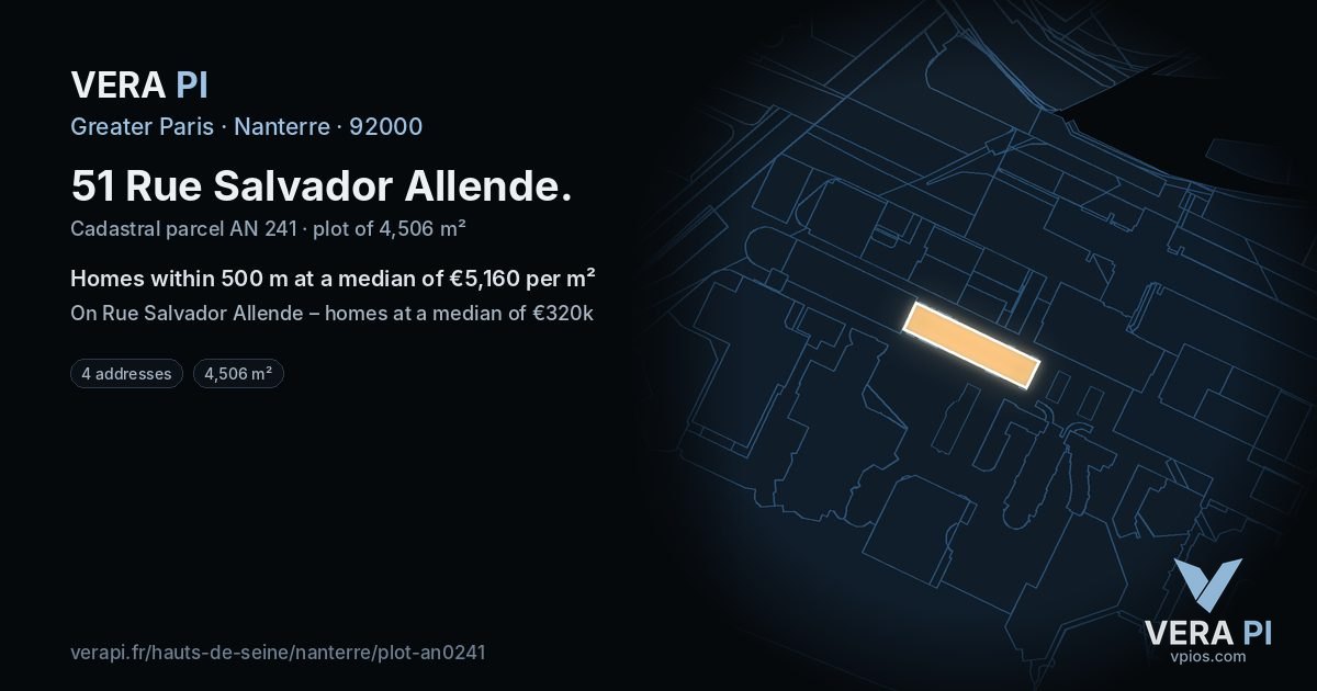 51 Rue Salvador Allende, Nanterre at night – the plot lit, the parcels around coloured by the prices near them
