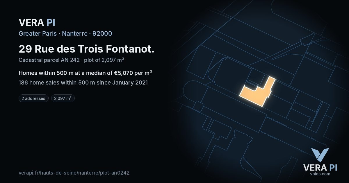 29 Rue des Trois Fontanot, Nanterre at night – the plot lit, the parcels around coloured by the prices near them