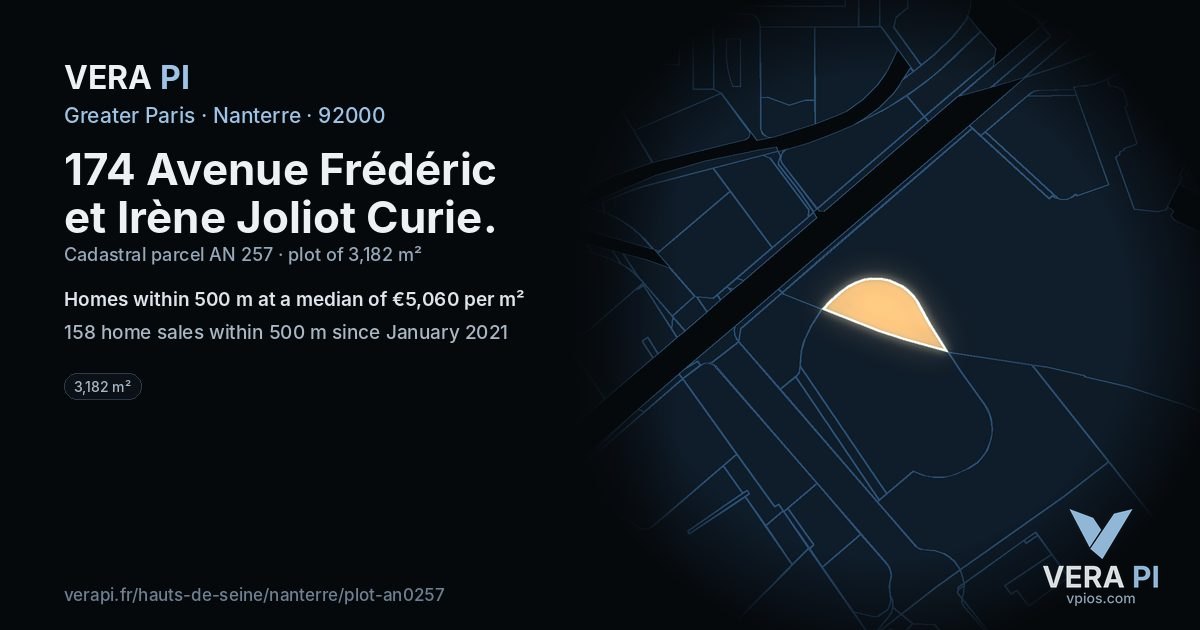 174 Avenue Frédéric et Irène Joliot Curie, Nanterre at night – the plot lit, the parcels around coloured by the prices near them
