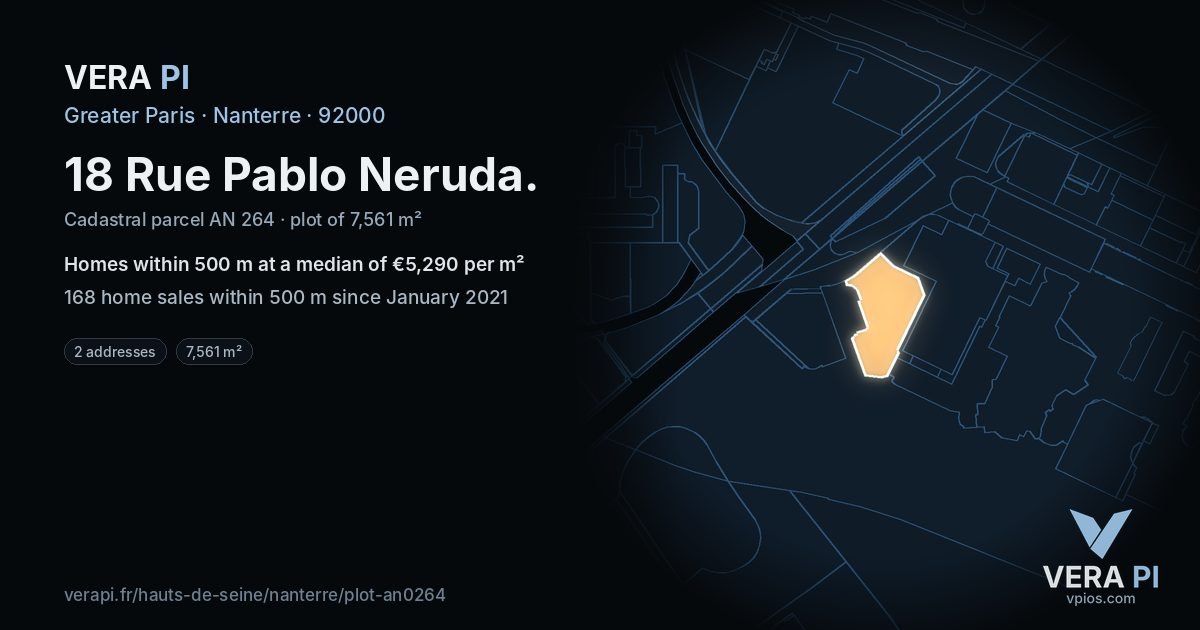 18 Rue Pablo Neruda, Nanterre at night – the plot lit, the parcels around coloured by the prices near them