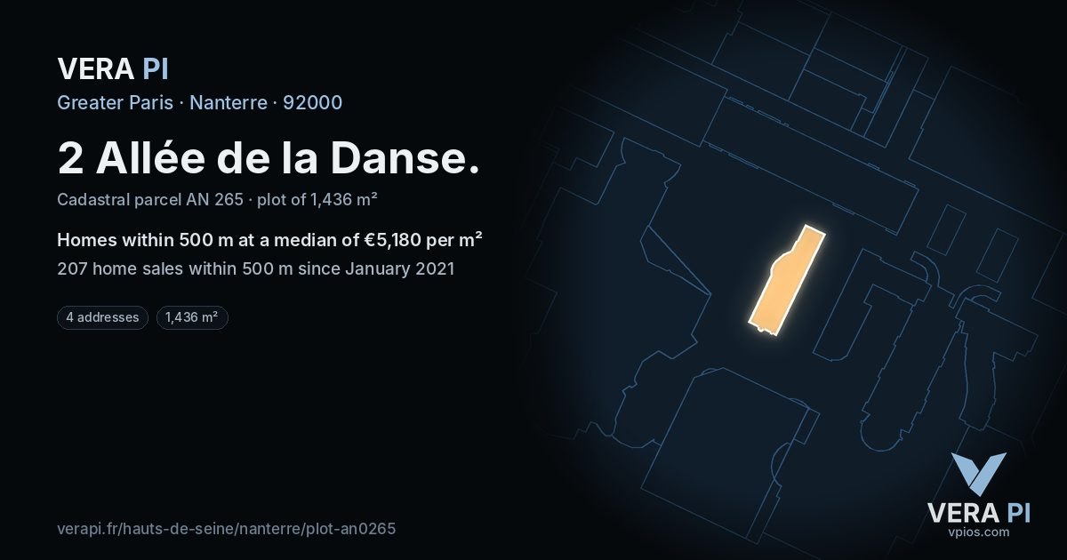 2 Allée de la Danse, Nanterre at night – the plot lit, the parcels around coloured by the prices near them