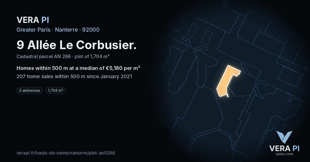 9 Allée Le Corbusier, Nanterre at night – the plot lit, the parcels around coloured by the prices near them