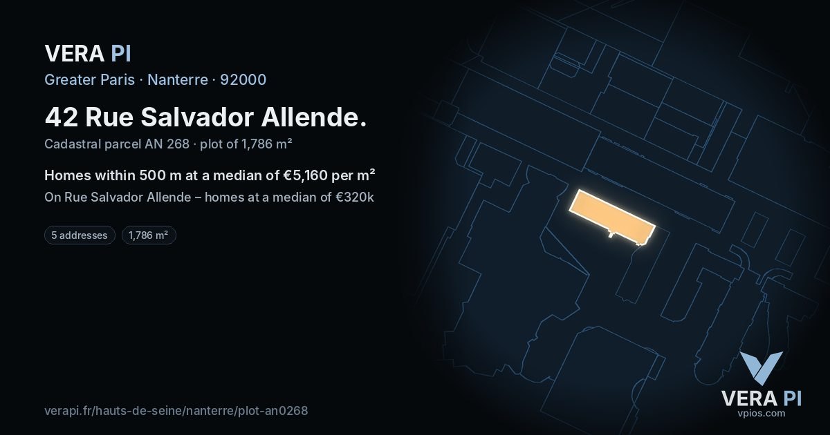 42 Rue Salvador Allende, Nanterre at night – the plot lit, the parcels around coloured by the prices near them