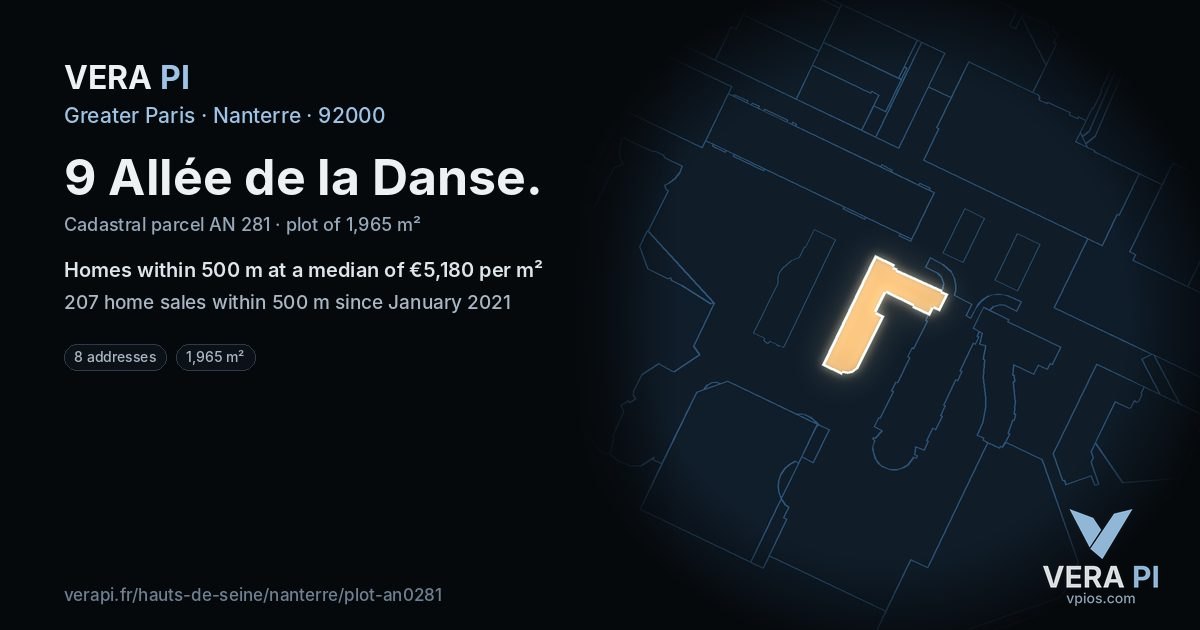 9 Allée de la Danse, Nanterre at night – the plot lit, the parcels around coloured by the prices near them