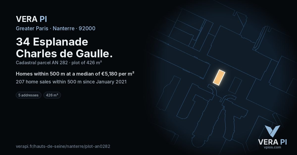 34 Esplanade Charles de Gaulle, Nanterre at night – the plot lit, the parcels around coloured by the prices near them