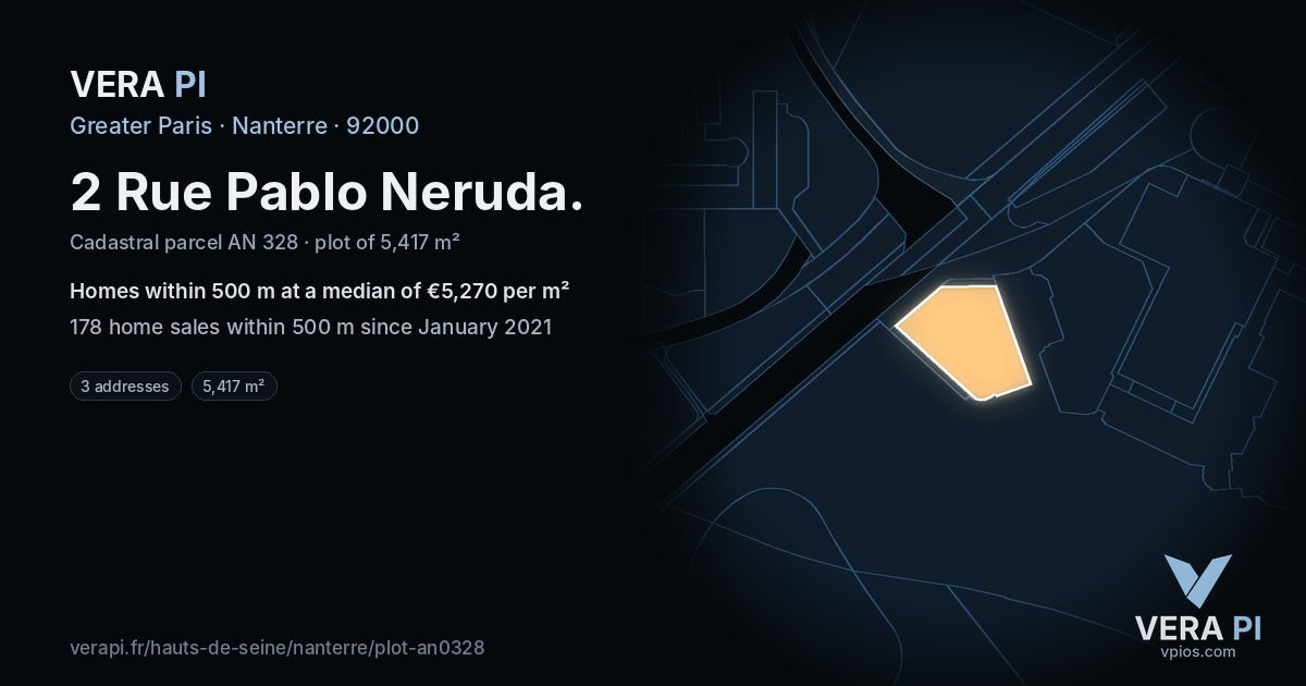 2 Rue Pablo Neruda, Nanterre at night – the plot lit, the parcels around coloured by the prices near them