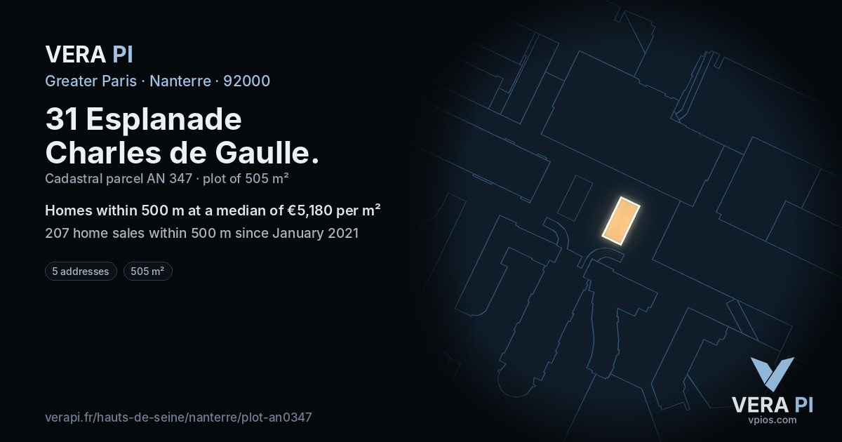 31 Esplanade Charles de Gaulle, Nanterre at night – the plot lit, the parcels around coloured by the prices near them