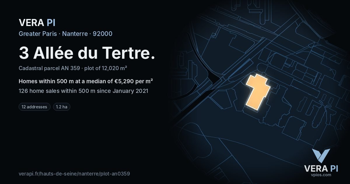3 Allée du Tertre, Nanterre at night – the plot lit, the parcels around coloured by the prices near them