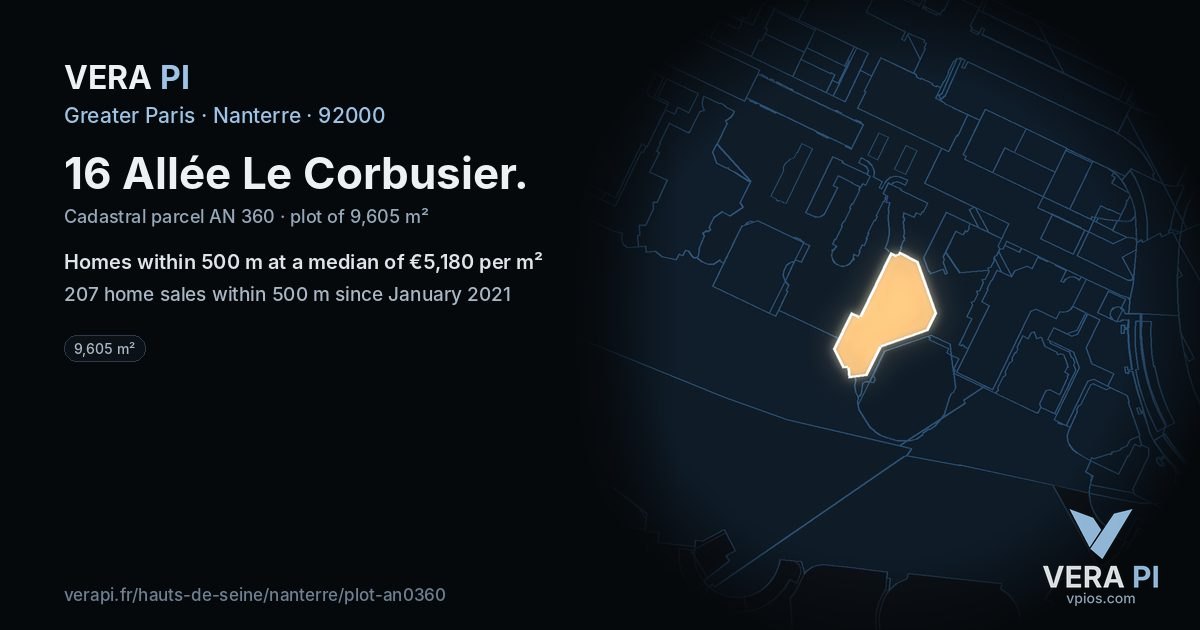16 Allée Le Corbusier, Nanterre at night – the plot lit, the parcels around coloured by the prices near them