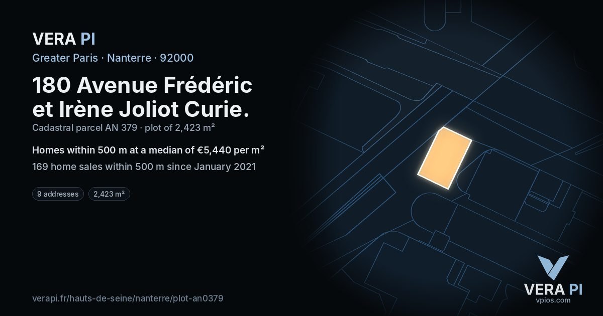 180 Avenue Frédéric et Irène Joliot Curie, Nanterre at night – the plot lit, the parcels around coloured by the prices near them
