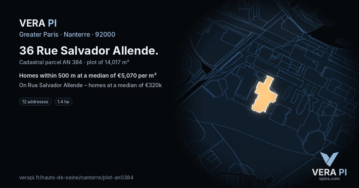 36 Rue Salvador Allende, Nanterre at night – the plot lit, the parcels around coloured by the prices near them