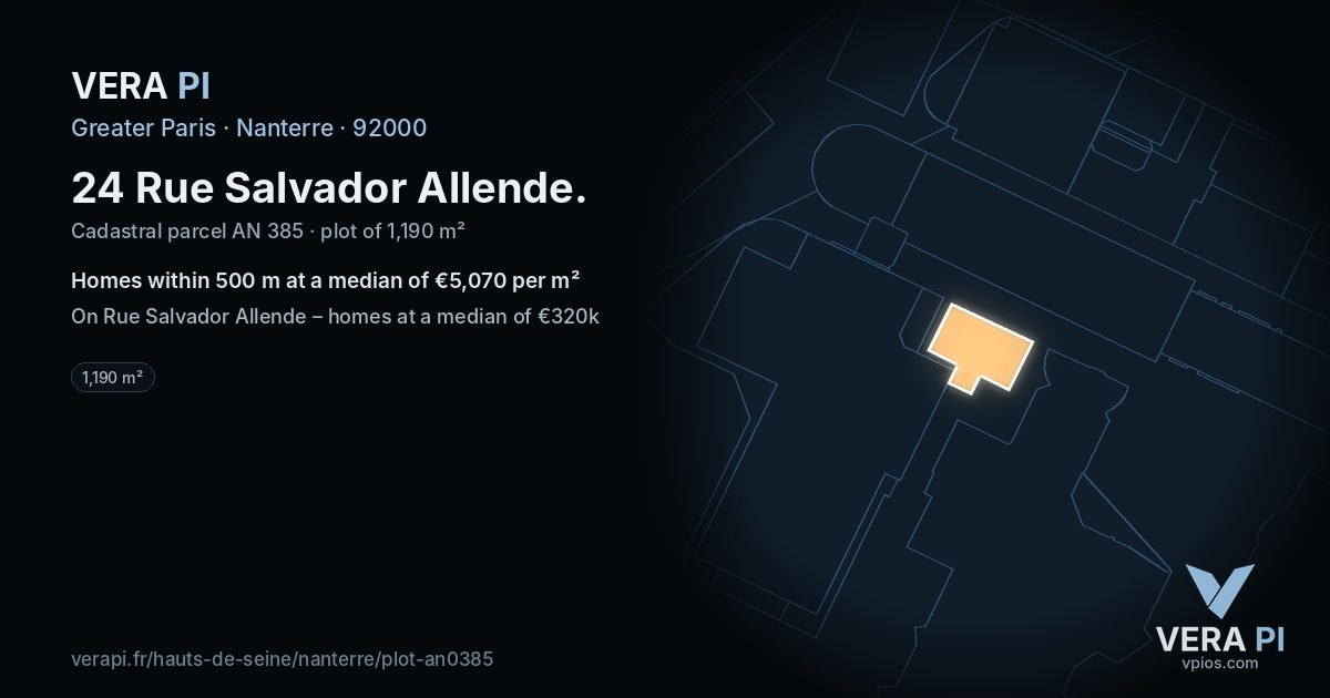 24 Rue Salvador Allende, Nanterre at night – the plot lit, the parcels around coloured by the prices near them