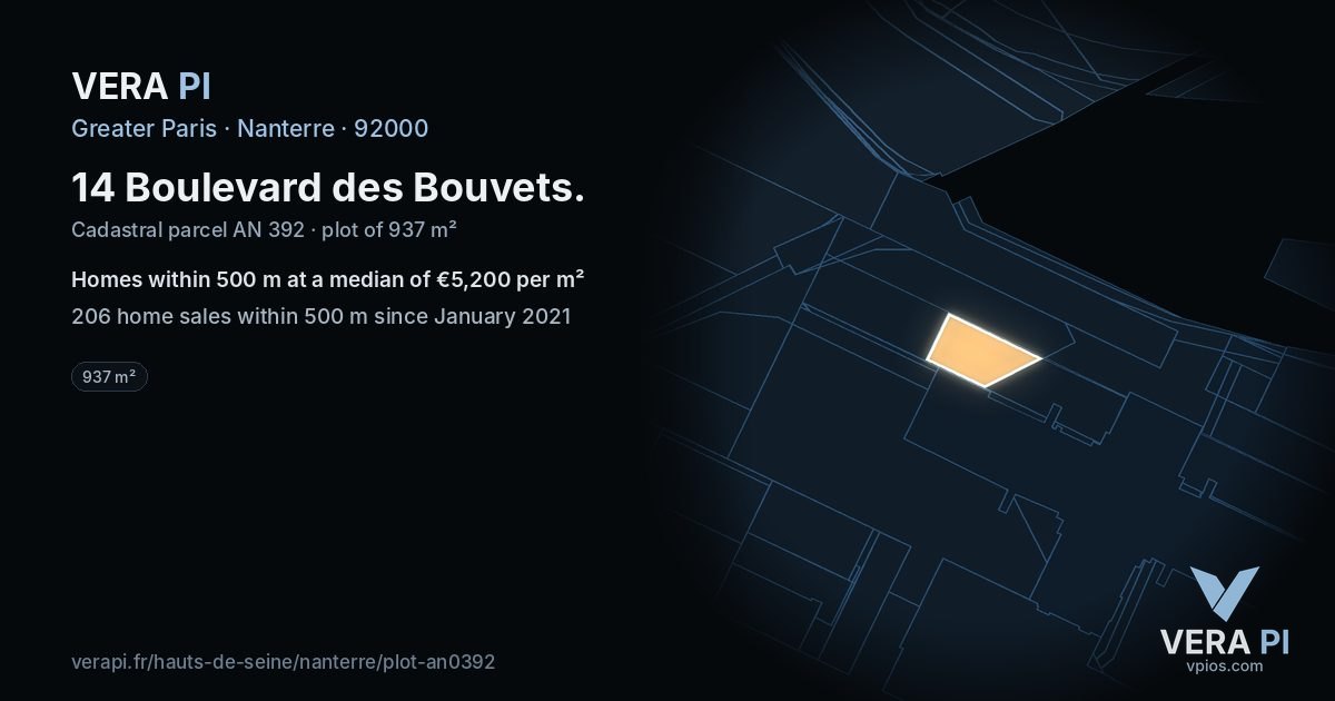 14 Boulevard des Bouvets, Nanterre at night – the plot lit, the parcels around coloured by the prices near them