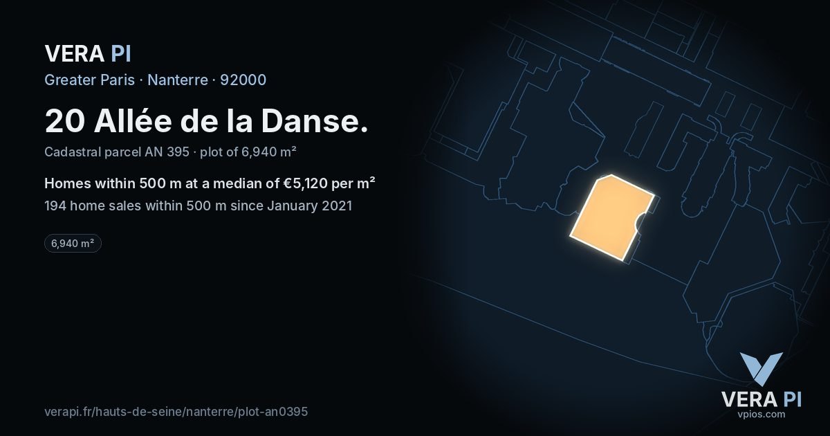 20 Allée de la Danse, Nanterre at night – the plot lit, the parcels around coloured by the prices near them