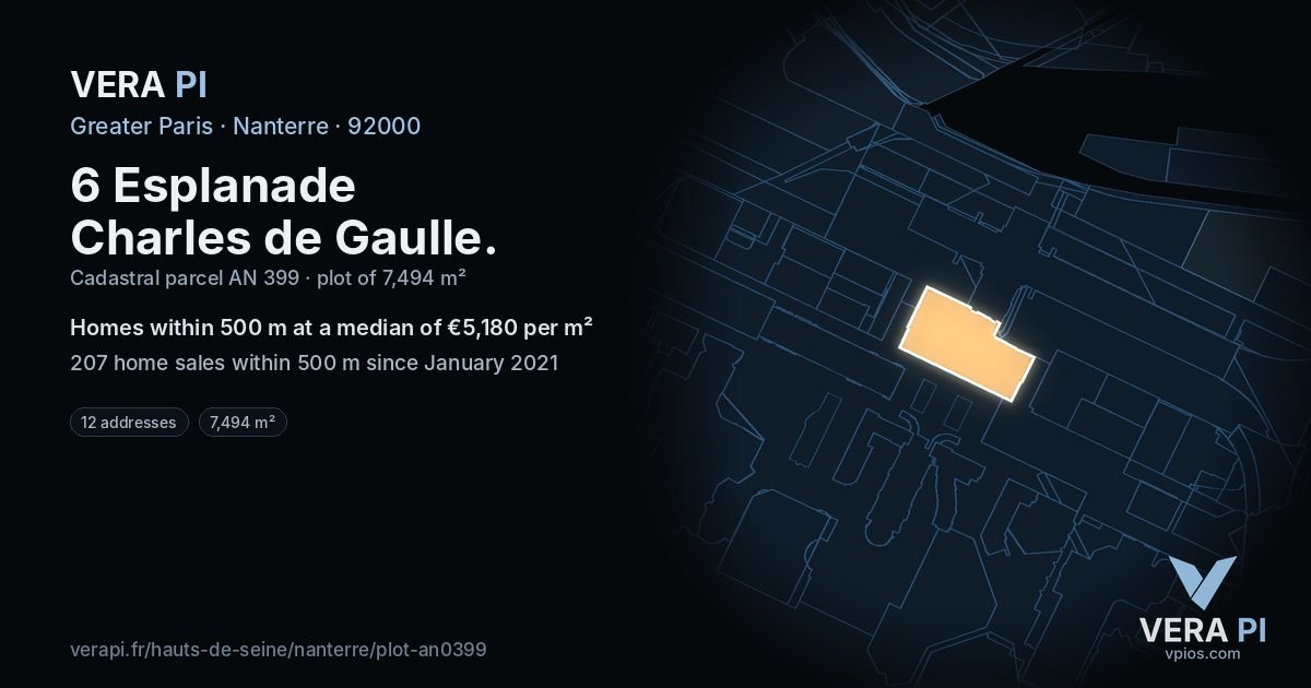 6 Esplanade Charles de Gaulle, Nanterre at night – the plot lit, the parcels around coloured by the prices near them