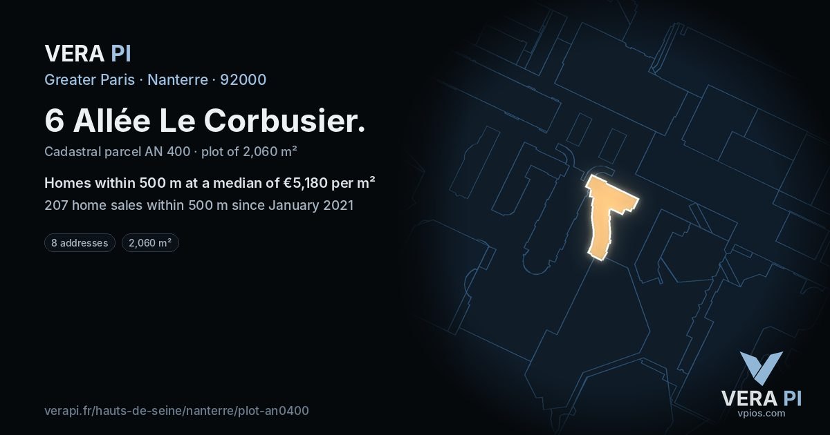 6 Allée Le Corbusier, Nanterre at night – the plot lit, the parcels around coloured by the prices near them