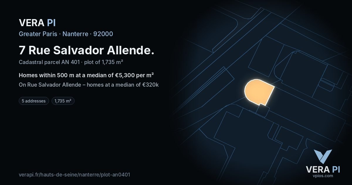 7 Rue Salvador Allende, Nanterre at night – the plot lit, the parcels around coloured by the prices near them
