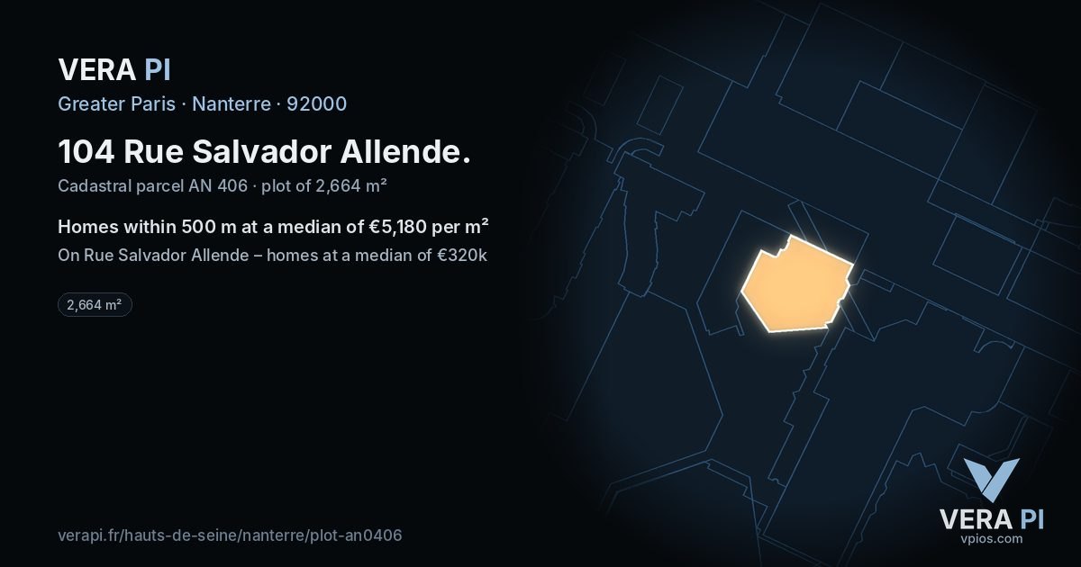 104 Rue Salvador Allende, Nanterre at night – the plot lit, the parcels around coloured by the prices near them