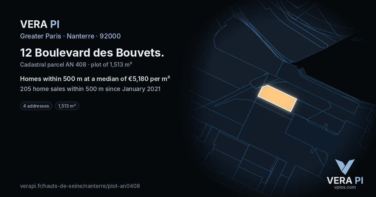 12 Boulevard des Bouvets, Nanterre at night – the plot lit, the parcels around coloured by the prices near them