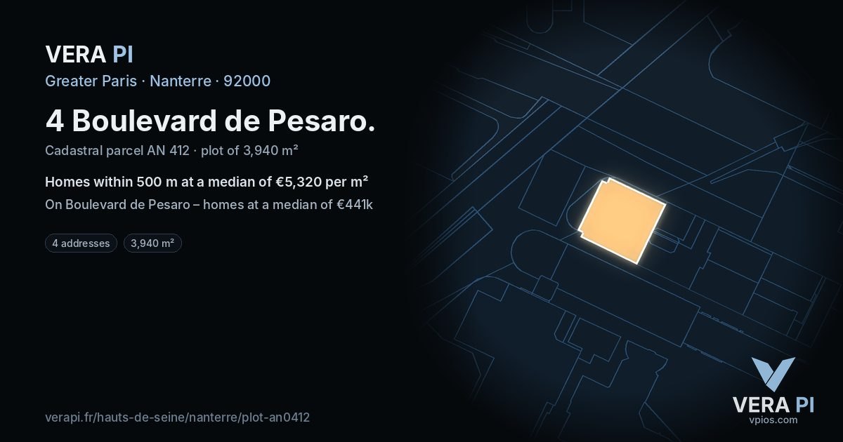 4 Boulevard de Pesaro, Nanterre at night – the plot lit, the parcels around coloured by the prices near them