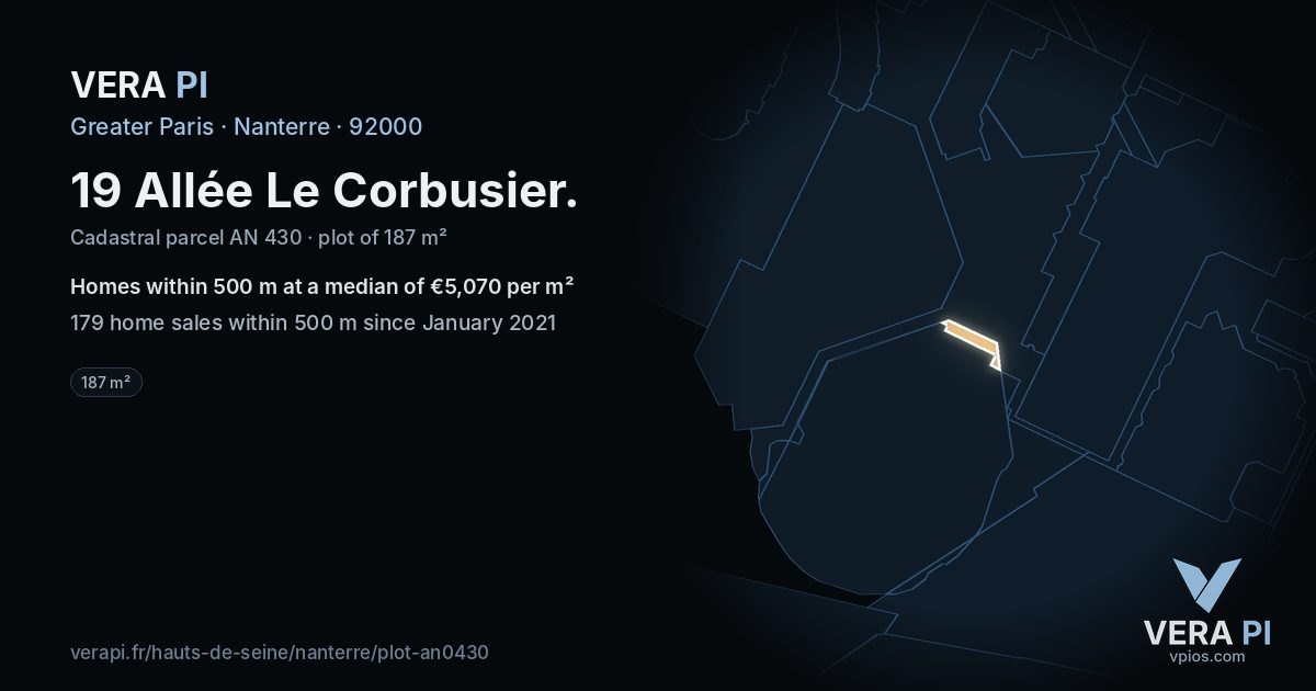 19 Allée Le Corbusier, Nanterre at night – the plot lit, the parcels around coloured by the prices near them
