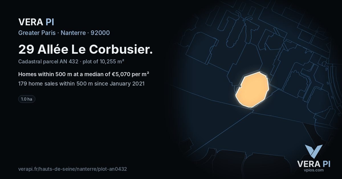 29 Allée Le Corbusier, Nanterre at night – the plot lit, the parcels around coloured by the prices near them