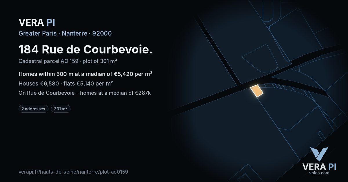 184 Rue de Courbevoie, Nanterre at night – the plot lit, the parcels around coloured by the prices near them