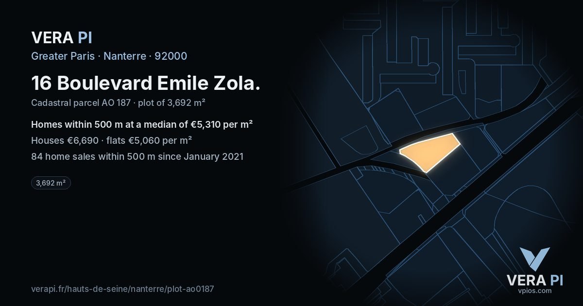 16 Boulevard Emile Zola, Nanterre at night – the plot lit, the parcels around coloured by the prices near them